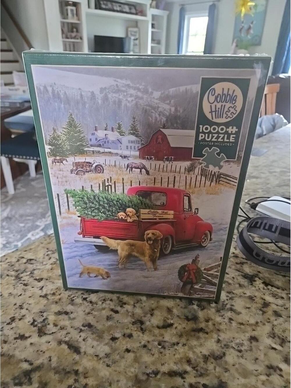 Cobble Hill Puzzle Christmas On The Farm 1000 Piece Red Truck Dogs Sealed Poster
